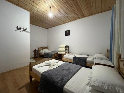 una habitación con 3 camas y una silla. en Mikel Center Theth Guesthouse, en Shkodër