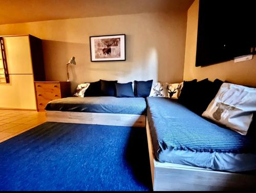 2 Betten in einem Schlafzimmer mit blauer Bettwäsche in der Unterkunft Cervinia Studio in Breuil-Cervinia