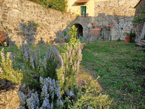 a garden with purple flowers next to a stone wall at Il Fontolo in Ponzano Superiore