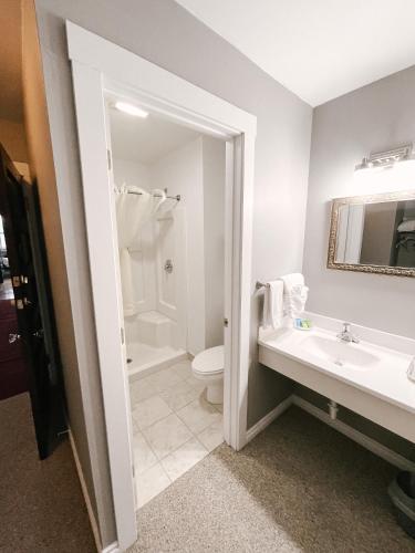 ein Badezimmer mit Waschbecken, Toilette und Spiegel in der Unterkunft Northside School Bed & Breakfast in Bonners Ferry