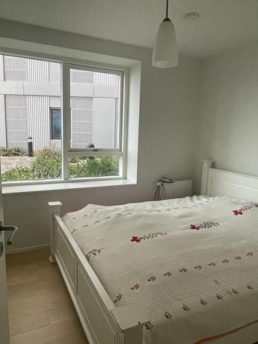 Stjernepladsen في ألبورغ: سرير أبيض في غرفة نوم مع نافذة