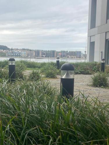 a row of trash cans in the grass near a building at Stjernepladsen in Aalborg