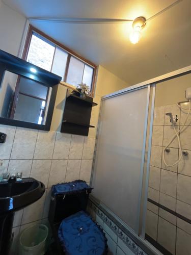e bagno con doccia, servizi igienici e lavandino. di Alójate en una Casa familiar a Barranca