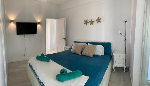 een slaapkamer met een blauw en wit bed en een televisie bij Sun & Sea rooftop in Costa da Caparica
