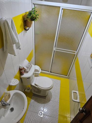 La salle de bains est pourvue de toilettes, d'une douche et d'un lavabo. dans l'établissement GUADALUPE 102, à El Charquito