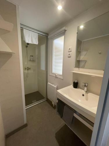 La salle de bains est pourvue d'un lavabo, d'une douche et d'un miroir. dans l'établissement 3 bungalows, dont 1 climatisé, pour 1 à 15 personnes, à Boofzheim