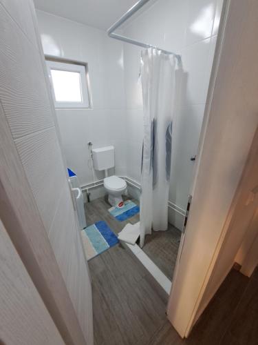 a bathroom with a toilet and a shower curtain at Apartment West Stara Pazova in Stara Pazova