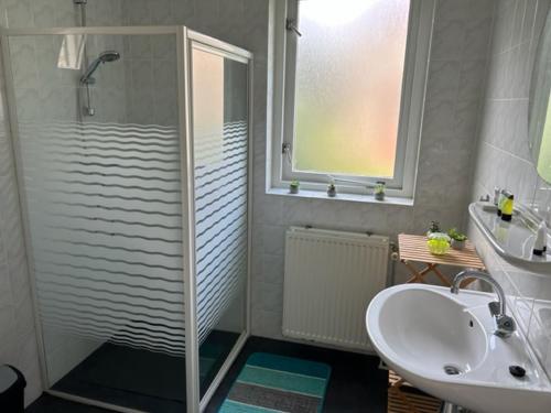 a bathroom with a shower and a sink and a toilet at Gezellige vakantiewoning aan het water in Ewijk - recreational only no workers in Ewijk