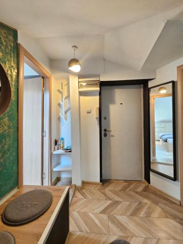 a living room with a door and a room with a rug at Booking Apartment Rajiceva in Belgrade