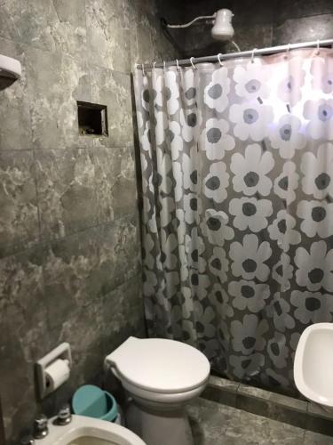 a bathroom with a toilet and a shower curtain at Alojamiento La Mamu 2 in Paso de la Patria