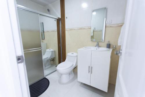 y baño con aseo, lavabo y ducha. en MB Apartment - B, en San Felipe de Puerto Plata