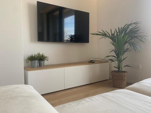 a bedroom with a tv on a wall with a plant at Lux 56 Praia da Barra Aveiro A 20 metros da Praia in Praia da Barra