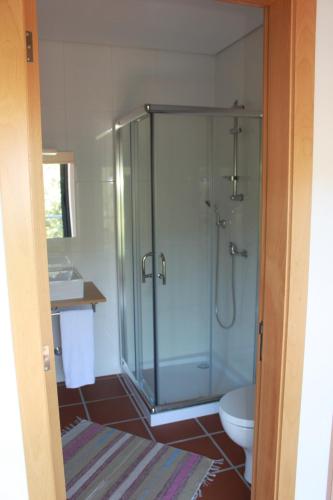 a bathroom with a glass shower and a toilet at Casas do Corvo in Ventosa