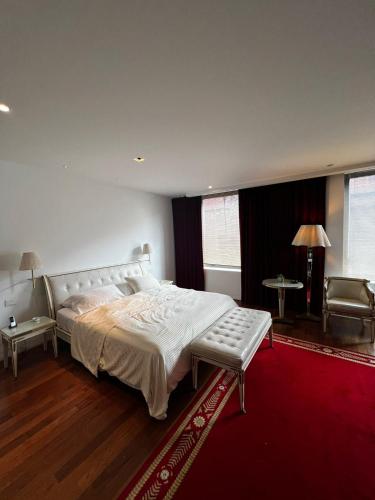 um quarto com uma cama grande e um tapete vermelho em Habitación exclusiva em Buenos Aires