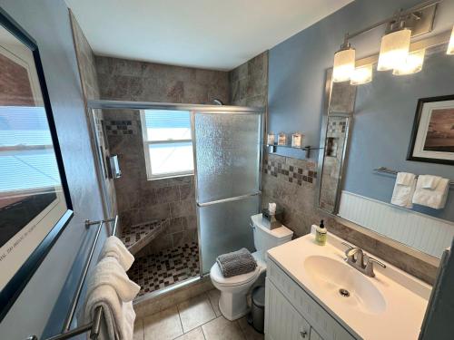 a bathroom with a shower and a toilet and a sink at Charming Duplex on Main in St. Charles