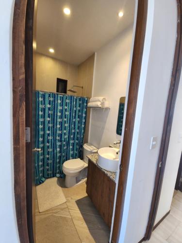 a bathroom with a toilet and a sink and a mirror at OLEA Beach Condos en Chicxulub Puerto in Chicxulub