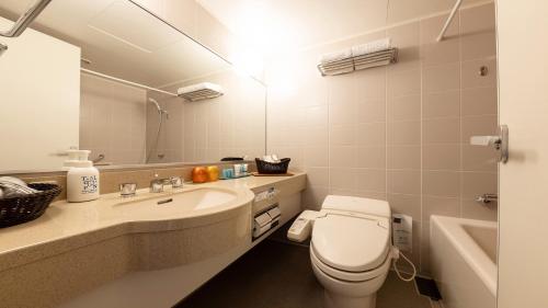 a bathroom with a toilet and a sink and a mirror at Satoyama Auberge & Hot Spring Wellness Spa Sakuragaike Kurgarden in Nanto