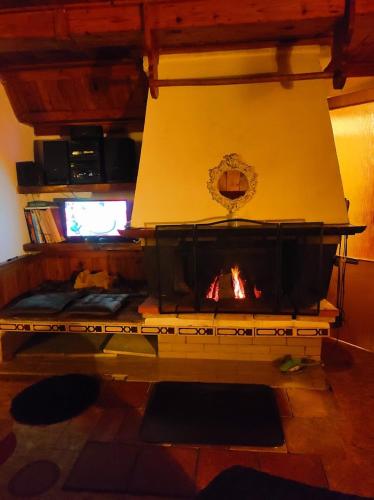 a living room with a fireplace and a tv at Lázeňská chata Hvězdička in Litoměřice
