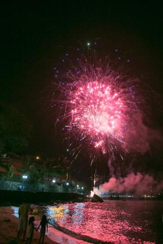 a firework display on the beach at night at Abayomi Hotel in Ilhabela