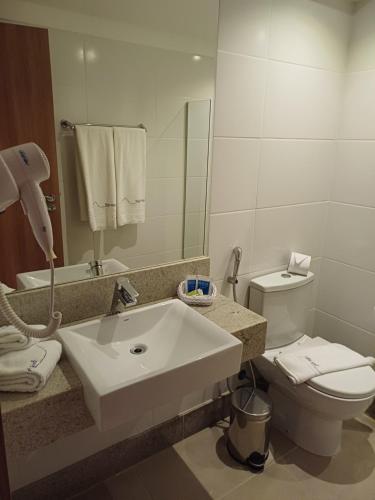 a bathroom with a sink and a toilet and a mirror at Hotel Apart Pedra Azul - Aracê - Domingos Martins in Domingos Martins