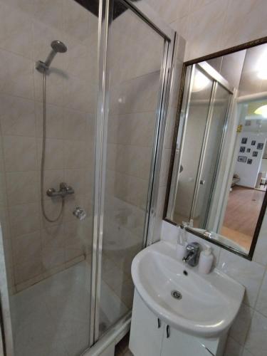a bathroom with a shower and a sink and a mirror at Apartments center - Затишні апартаменти в центрі біля ЦУМа in Poltava