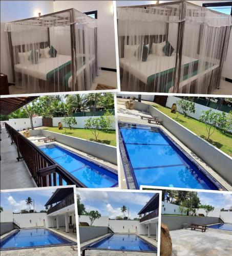 a collage of pictures of a swimming pool at Ahangama Eco Villa in Ahangama