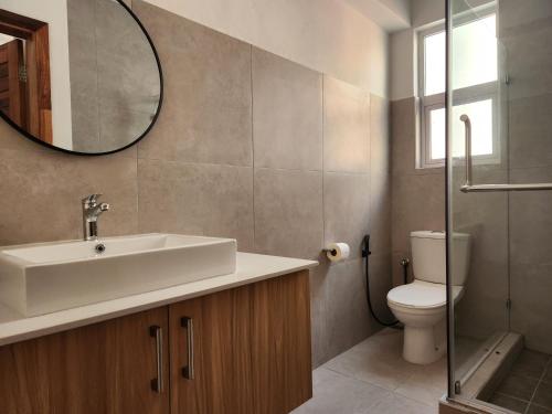 een badkamer met een wastafel, een toilet en een spiegel bij La Perla Holiday Apartments in Pereybere