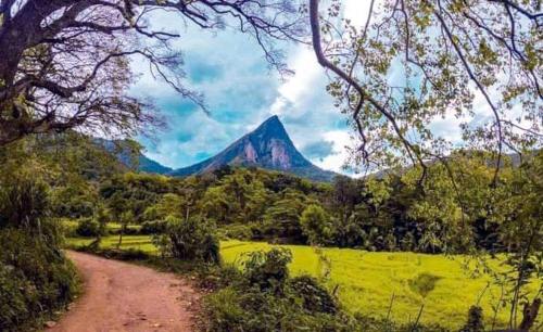 a mountain in the middle of a field with a dirt road at Abimansala Resort in Hunnasgiriya