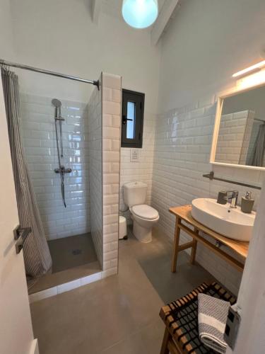 een badkamer met een douche, een wastafel en een toilet bij Peaceful 2 BR Villa NR Gaios w Seaview and Pool in Gaios