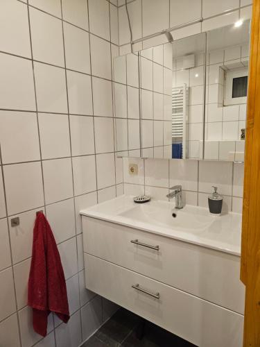 Baño blanco con lavabo y espejo en Balzwiekje Auszeit auf Pferdehof in Ostfriesland, en Ihlow