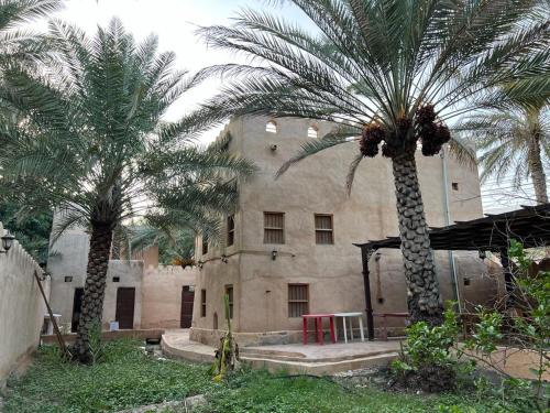 two palm trees in front of a building at Mall Aldakhil House in Al Ḩamrāʼ
