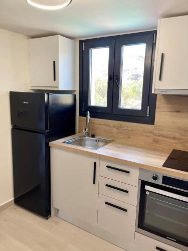 a kitchen with a black refrigerator and a sink at Lemnos Urban Escape in Mirina