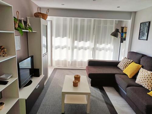a living room with a couch and a tv at Vivienda Turístico Erreka Beach in Mundaka