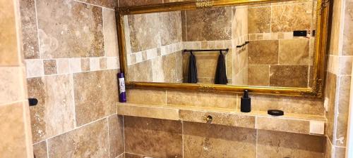 bagno con specchio e doccia di T-2est 46m dons la maison au bord du Canal du Midi a Saint-Hilaire-de-Lusignan