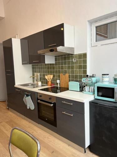 une cuisine avec une cuisinière et un micro-ondes dans l'établissement Appartement studio loft cosy centre st Etienne, à Saint-Étienne