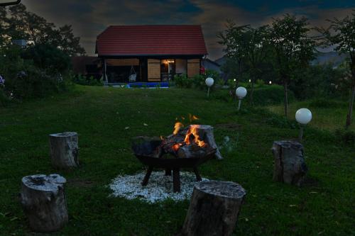 a fire pit in a yard in front of a house at Holiday Home BIBA With Heated Outdoor Pool in Gornja Stubica
