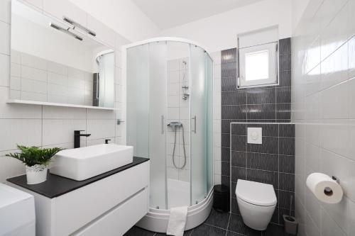 uma casa de banho com um lavatório, um WC e um chuveiro em Villa Tonći Zaton em Zaton