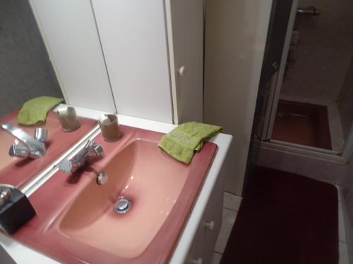 baño con lavabo rosa y espejo en Chambre bleue bien équipée chez Fred, en Gorron