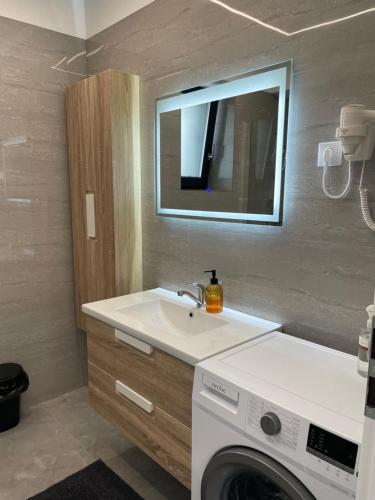 een badkamer met een wasmachine en een wastafel bij Noah Apartment Self Check-in Otopeni in Otopeni