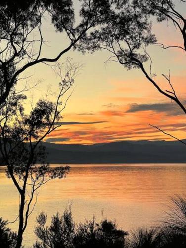 a sunset over a body of water with trees at Killora Coastal Shack in Killora