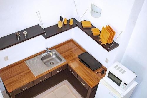 um desenho de uma cozinha com um lavatório e um micro-ondas em Mansión Aréchiga em Zacatecas