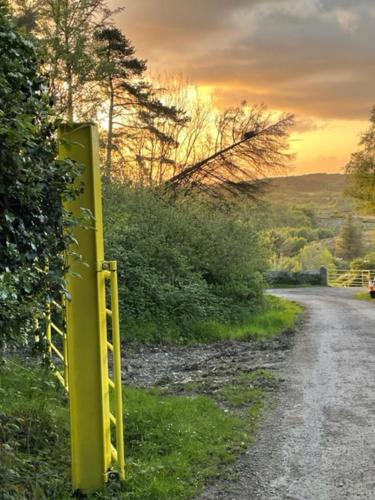 a yellow fence on the side of a road at Kate's Cottage in Tobar Pheadair