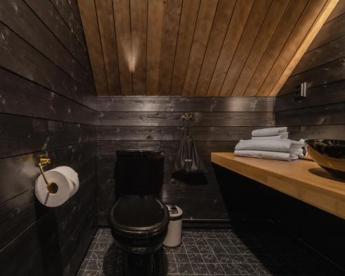 a bathroom with a black toilet and a sink at Northern Lights Village Pyhä in Pyhätunturi