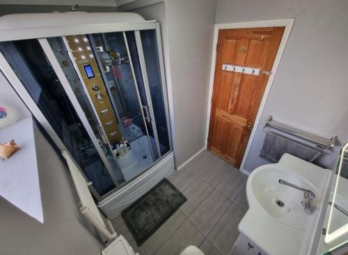 een badkamer met een douche, een toilet en een wastafel bij Guest house in Longham