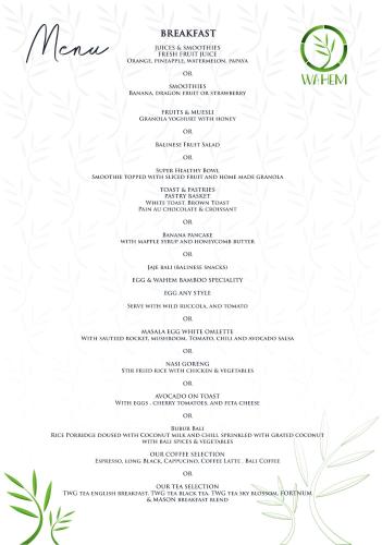eine Speisekarte für ein Restaurant mit weißem Hintergrund in der Unterkunft Wahem Eco Bamboo in Ubud