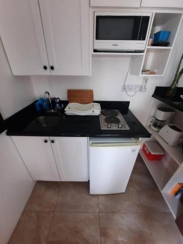 a small kitchen with a sink and a microwave at Moringa Villa Studio 1 in Soufrière