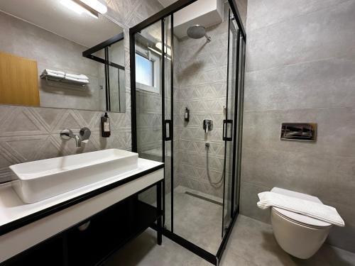 a bathroom with a sink and a shower and a toilet at La Vista Luxury Villa in Ohrid