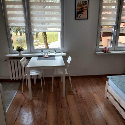 een witte tafel en stoelen in een kamer met ramen bij Apartament na Reja in Olkusz