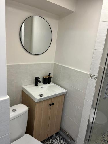 a bathroom with a toilet and a sink and a mirror at Superbe appartement refait à neuf in Montlhéry