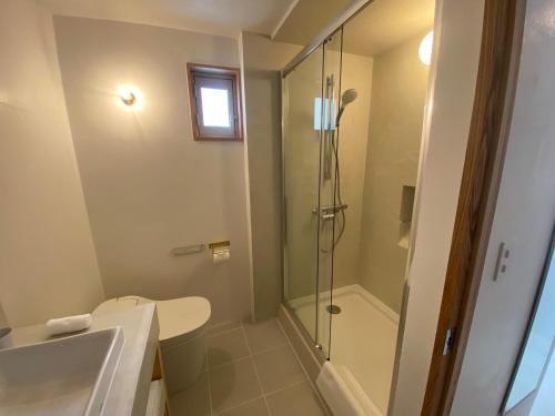 uma casa de banho com um chuveiro, um WC e um lavatório. em HUB INN 離れ em Habu